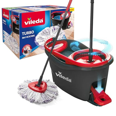 Vileda Turbo 3in1 Komplett-Set | Wischmopp mit Mikrofaser-Moppkopf gegen hartnäckigen Schmutz | Eimer mit Pedal-Schleuder - Für alle Böden | Entfernt 99 % der Bakterien,Teleskopstiel 85–123 cm im Sale